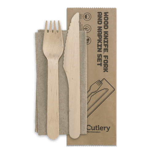 Wooden Cutlery 16cm knife, fork & napkin set 400/ctn